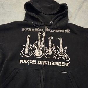 Vintage Volcom Hoodie Zip Up Black Y2K Rock N Roll Will Never Die Graphic Punk M